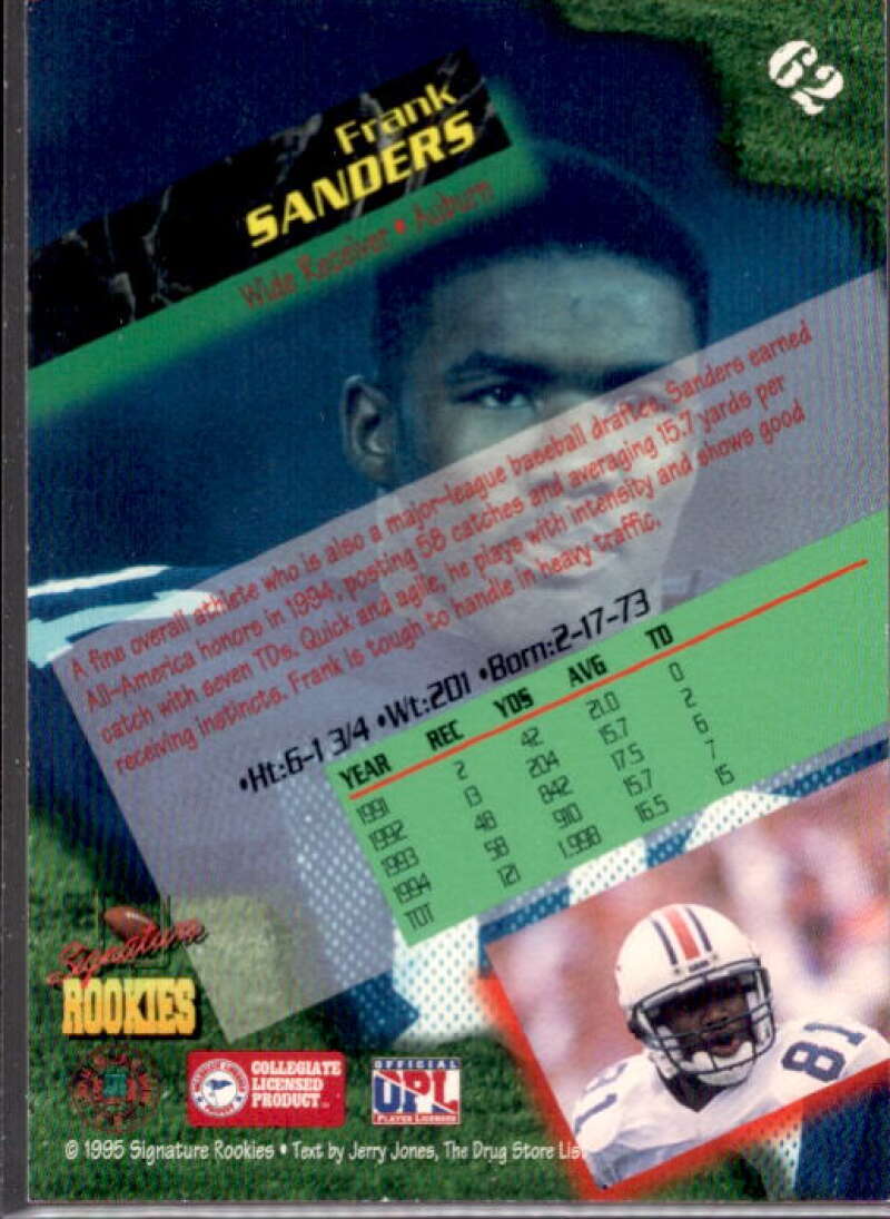 Frank Sanders Card 1995 Signature Rookies Autographs #62  Image 2