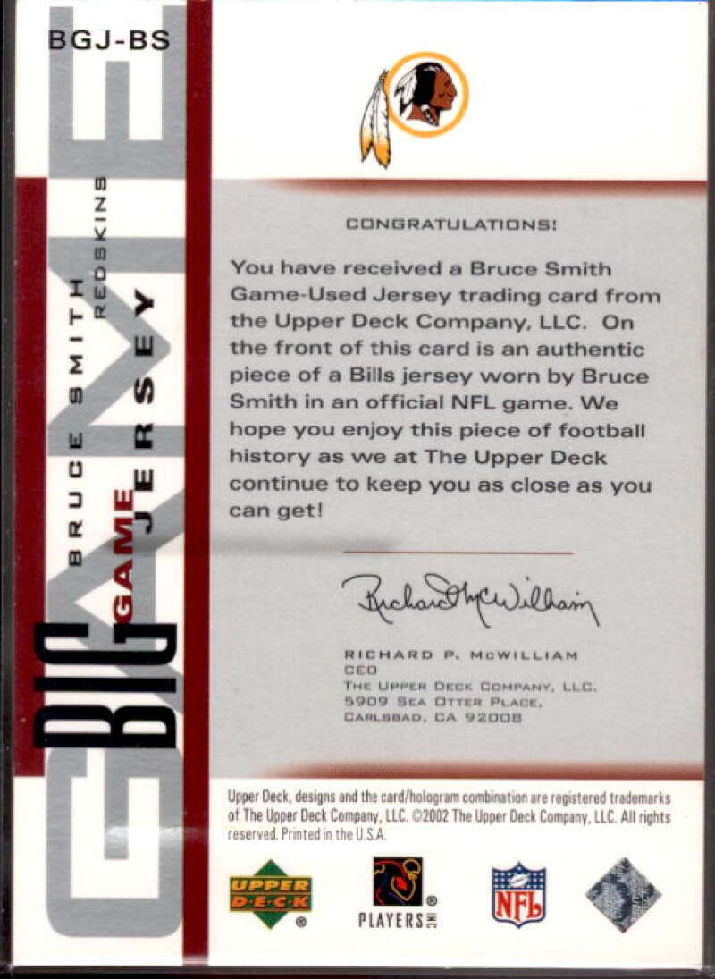 Bruce Smith Card 2002 UD Piece of History The Big Game Jerseys #BGJBS  Image 2