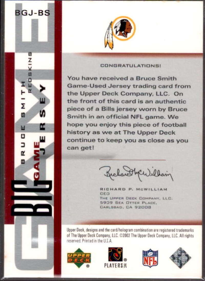 Bruce Smith Card 2002 UD Piece of History The Big Game Jerseys #BGJBS  Image 2