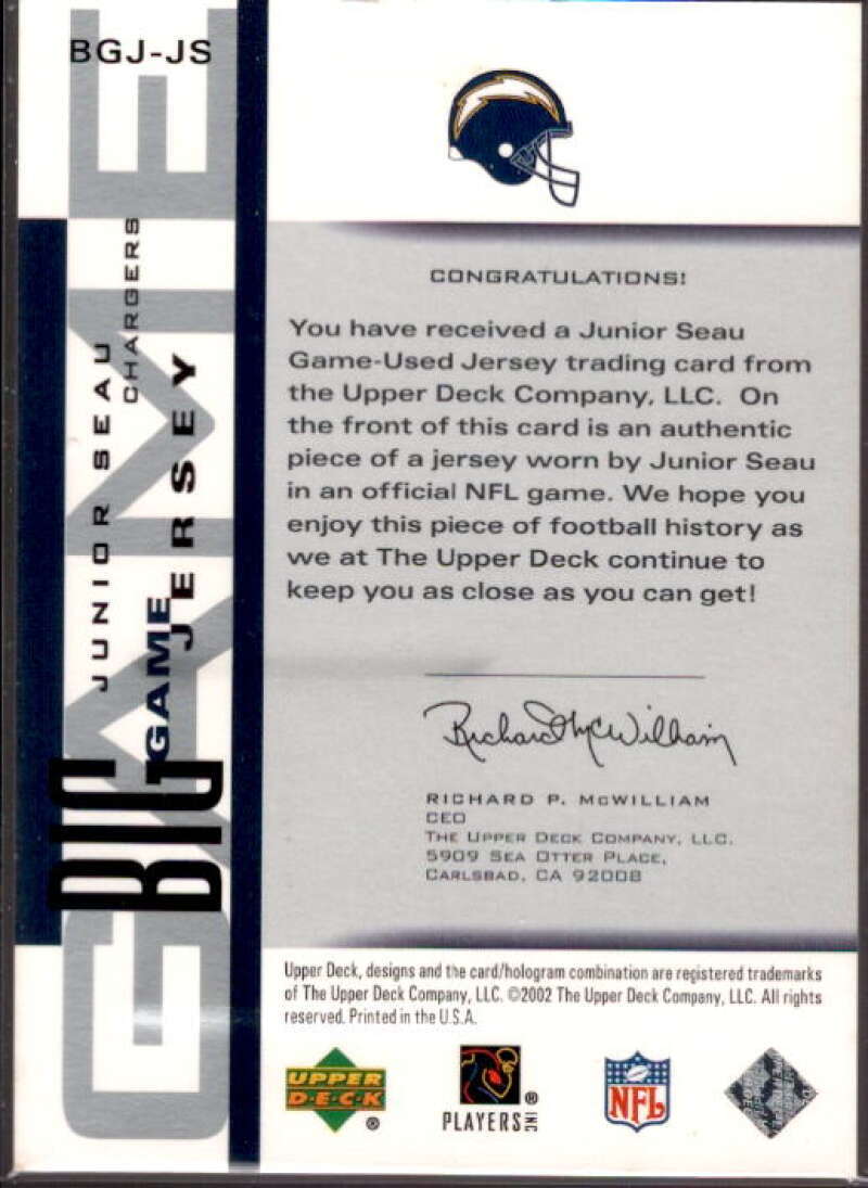 Junior Seau Card 2002 UD Piece of History The Big Game Jerseys #BGJJS  Image 2