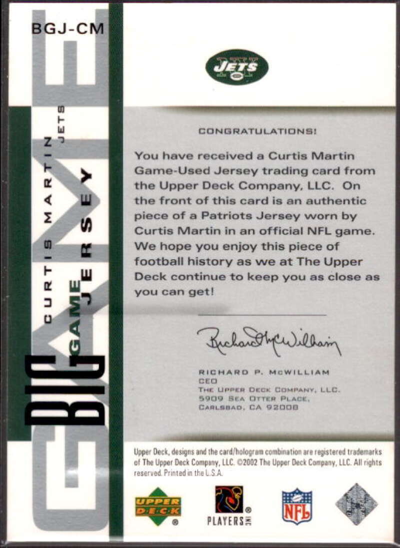 Curtis Martin SP Card 2002 UD Piece of History The Big Game Jerseys #BGJCM  Image 2
