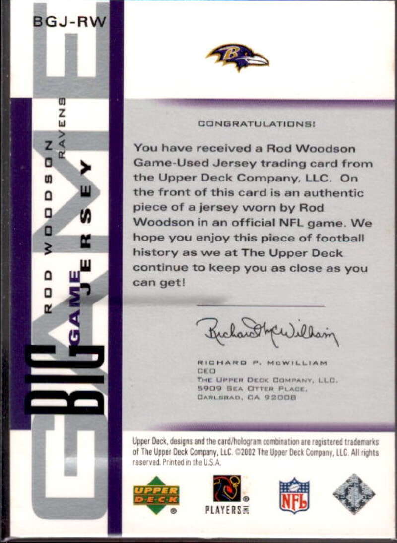 Rod Woodson Card 2002 UD Piece of History The Big Game Jerseys #BGJRW  Image 2