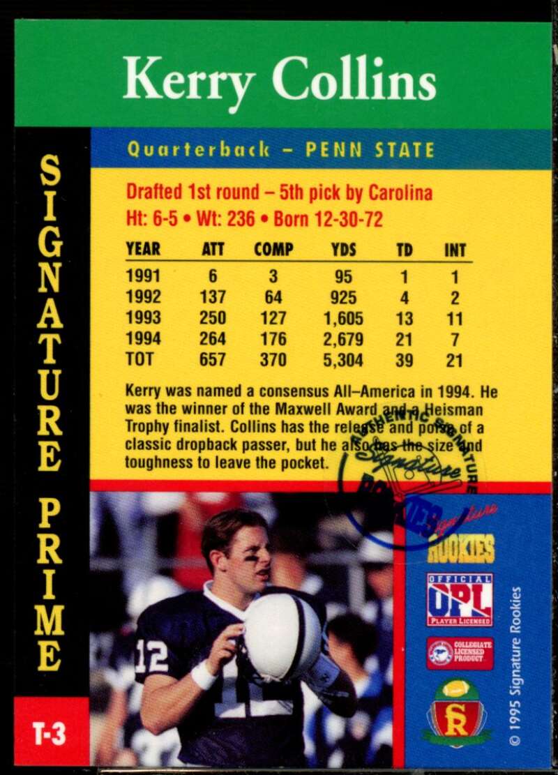 Kerry Collins RC 1995 Signature Rookies Signature Prime TD Club Autographs #T3  Image 2