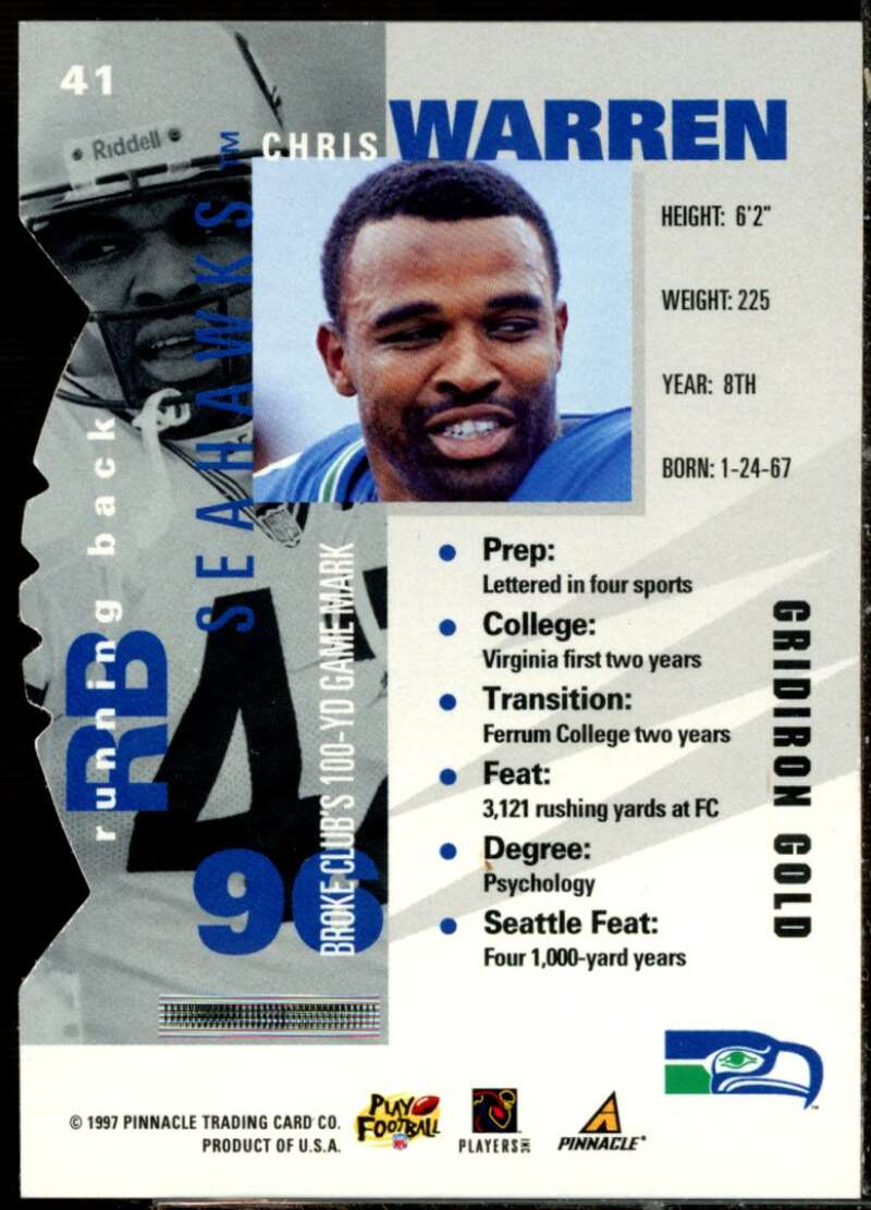 Chris Warren Card 1997 Pinnacle Inside Gridiron Gold #41  Image 2