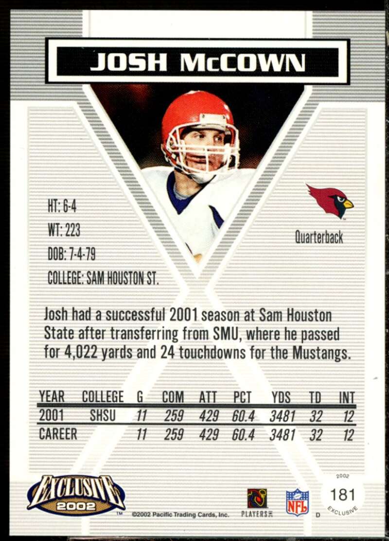 Josh McCown AU/779 Rookie Card 2002 Pacific Exclusive #181  Image 2