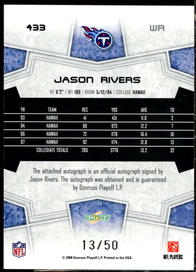 Jason Rivers Rookie Card 2008 Select Autographs Gold Zone #433  Image 2