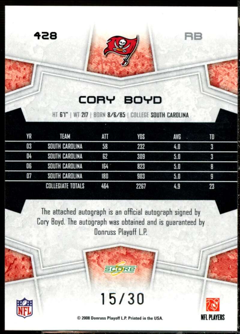 Cory Boyd Rookie Card 2008 Select Autographs Red Zone #428  Image 2