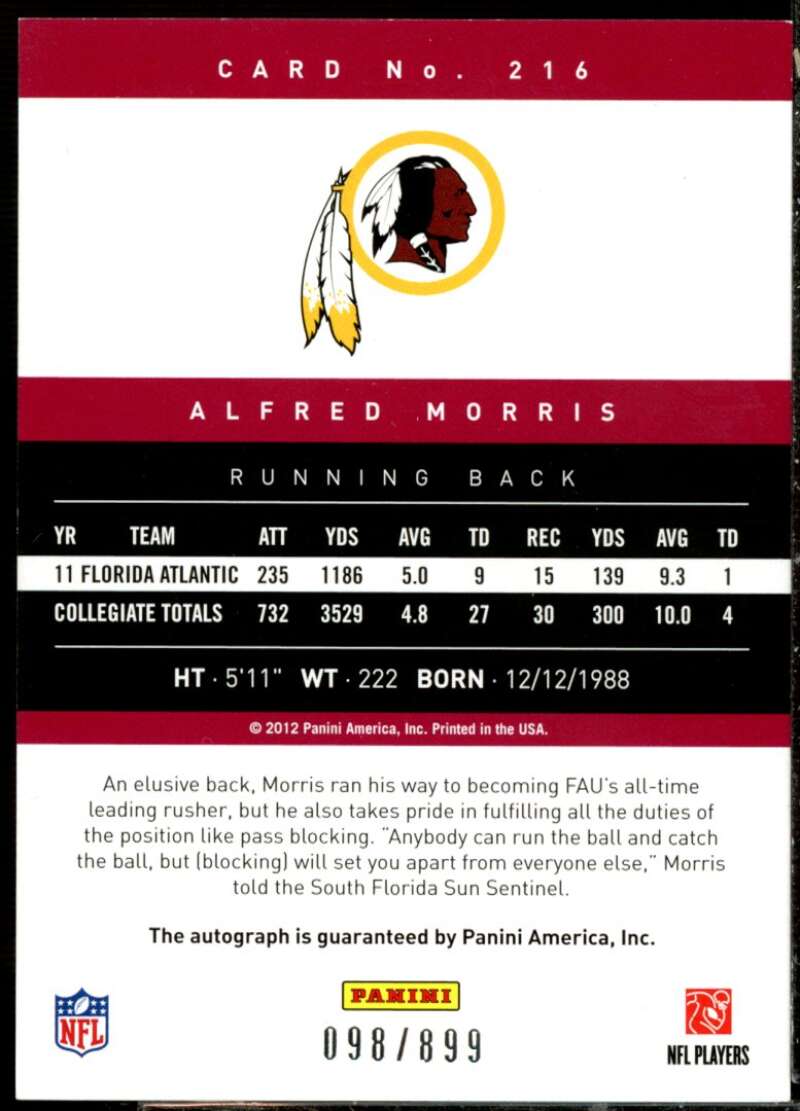 Alfred Morris Rookie Card 2012 Prestige Rookie Autographs #216  Image 2