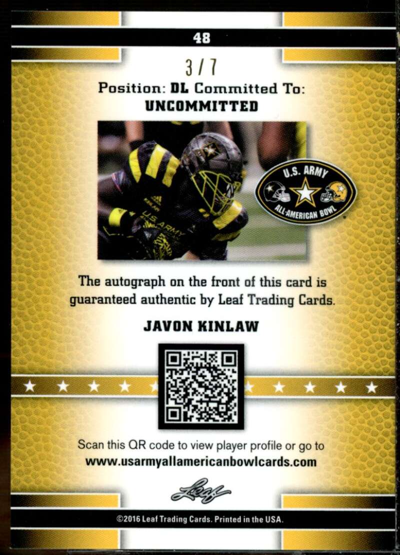 Javon Kinlaw 2016 Leaf Army All-American Bowl Flag Metal Autographs Pink #48  Image 2