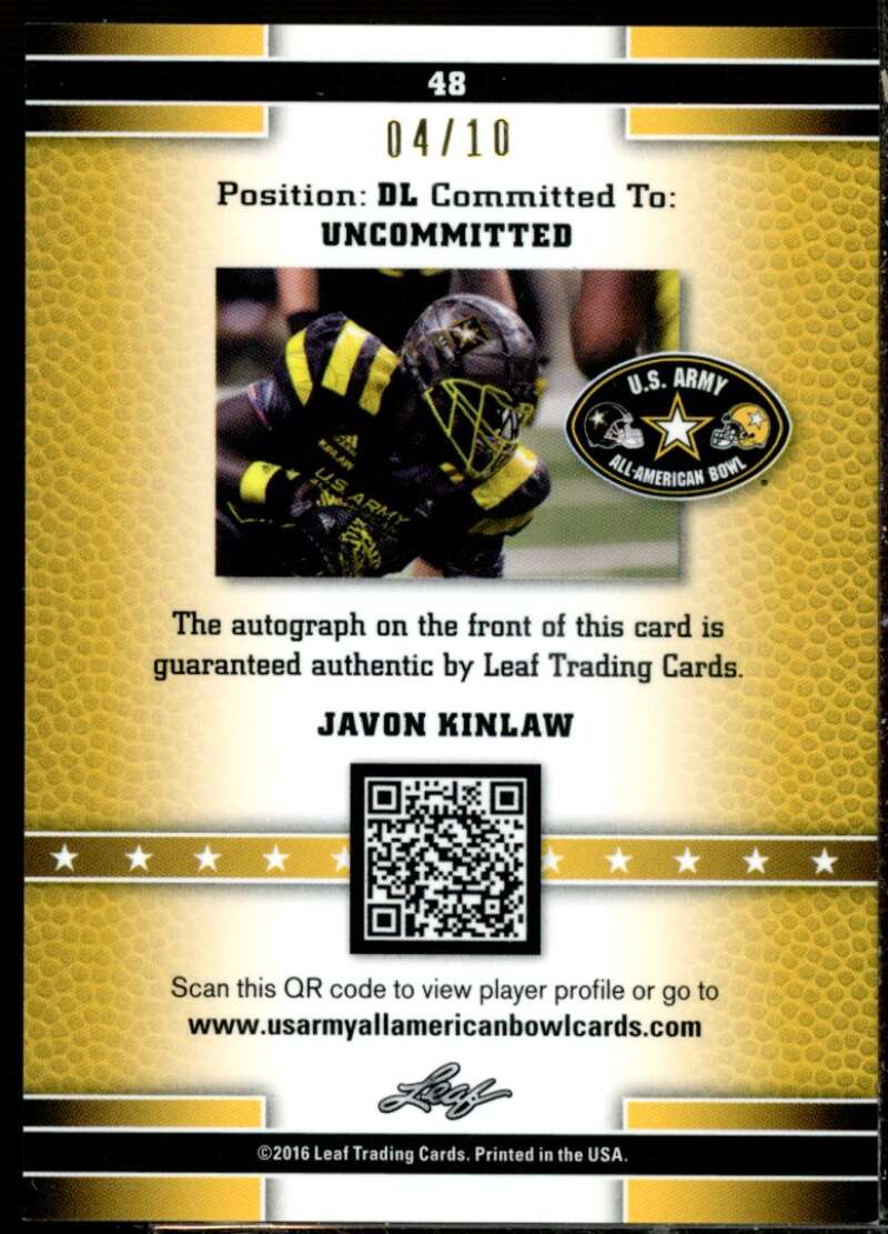 Javon Kinlaw 2016 Leaf Army All-American Bowl Flag Metal Autographs Purple #48  Image 2