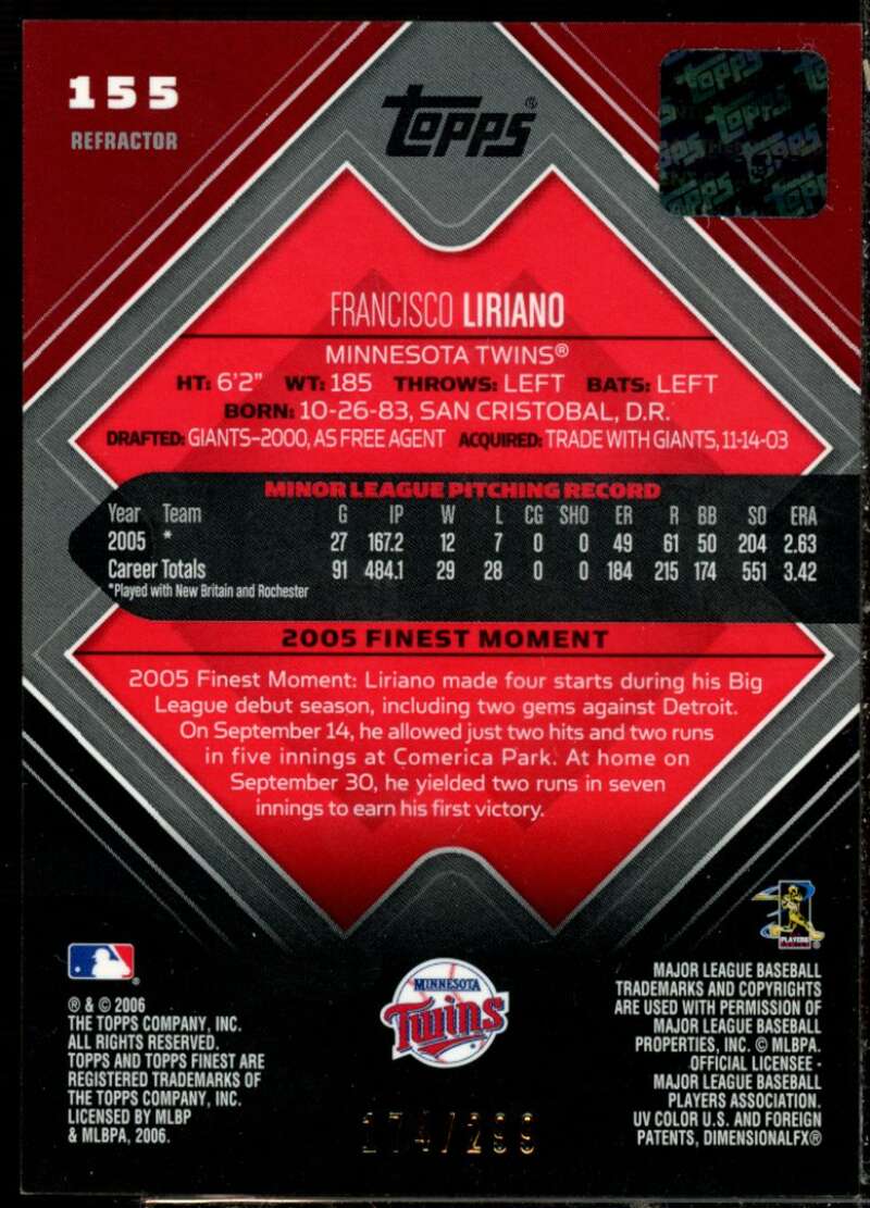 Francisco Liriano AU Card 2006 Finest Refractors Blue #155  Image 2