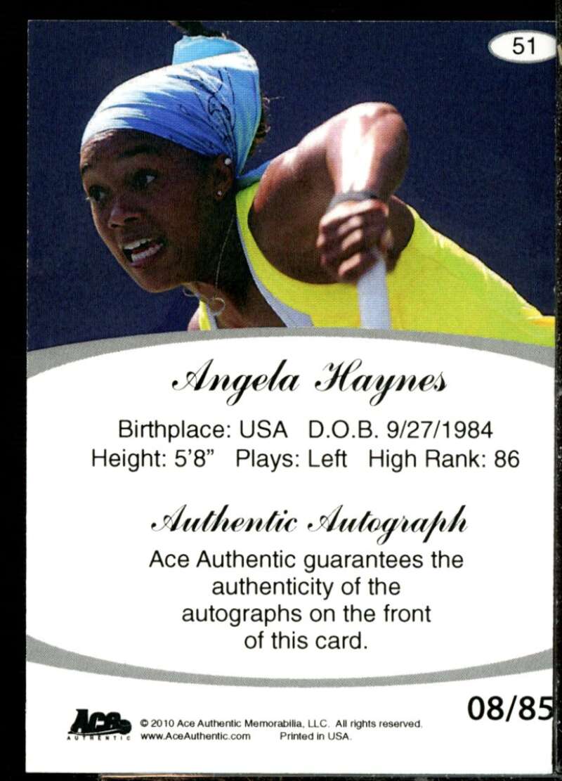 Angela Haynes Card 2010 Ace Authentic Aces #51  Image 2