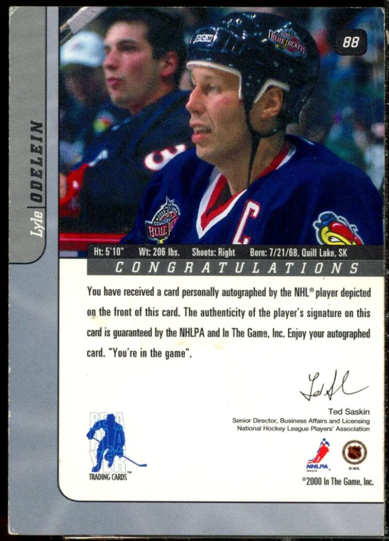 Lyle Odelein Card 2000-01 BAP Signature Series Autographs Gold #88  Image 2