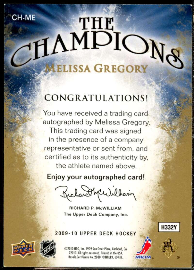 Melissa Gregory Card 2009-10 Upper Deck The Champions Autographs Gold #CHME  Image 2