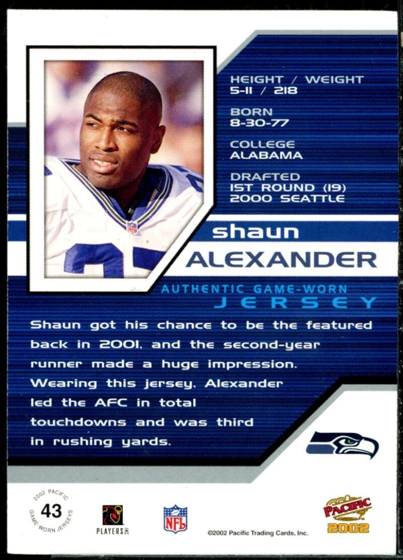 Shaun Alexander Card 2002 Pacific Game Worn Jerseys #43  Image 2