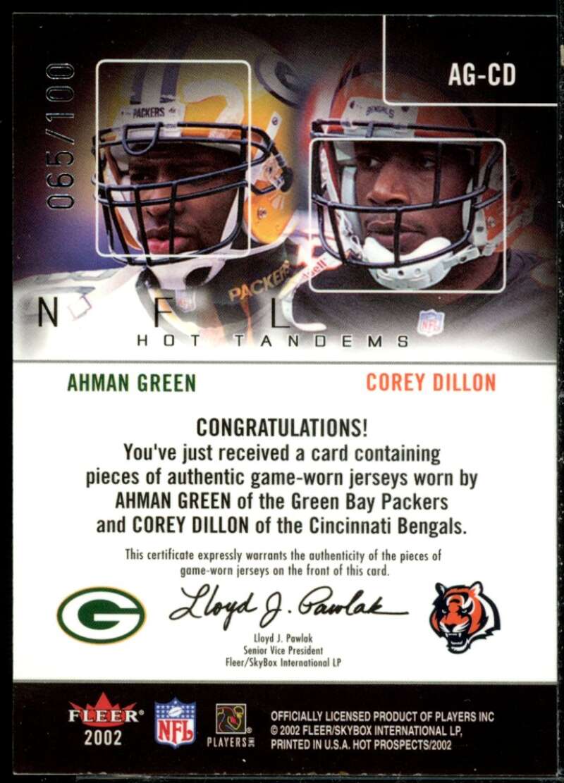 Ahman Green/Corey Dillon Card 2002 Hot Prospects Hot Tandems Memorabilia #AGCD  Image 2