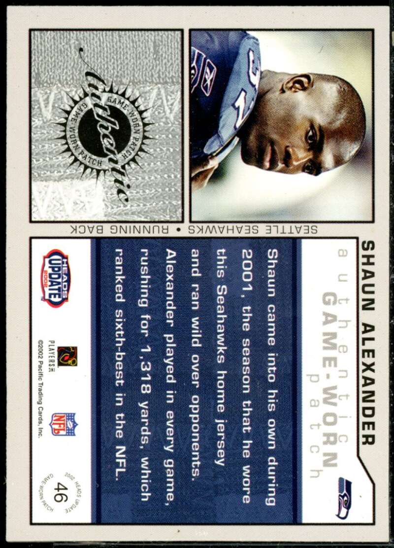 Shaun Alexander Card 2002 Pacific Heads Update Game Worn Jerseys #46  Image 2