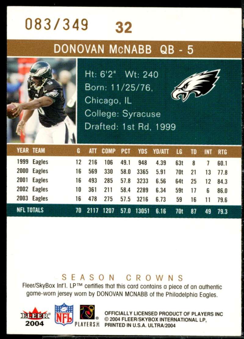 Donovan McNabb Card 2004 Ultra Season Crowns Game Used Copper #32  Image 2