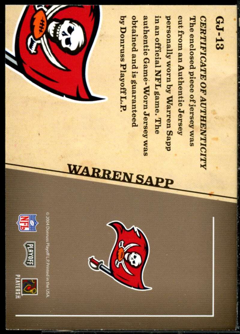 Warren Sapp Card 2004 Playoff Prestige Game Day Jerseys #GJ13  Image 2