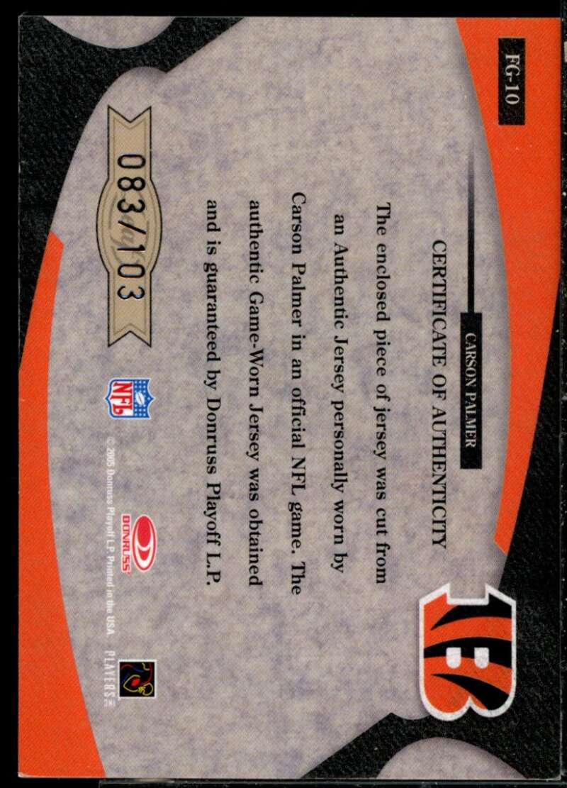 Carson Palmer 2005 Leaf Certified Materials Fabric of the Game Debut Year #10  Image 2