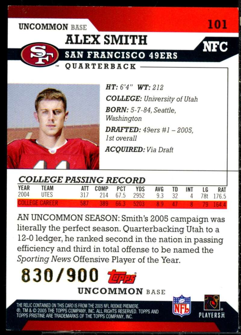 Alex Smith QB JSY U Rookie Card 2005 Topps Pristine #101  Image 2