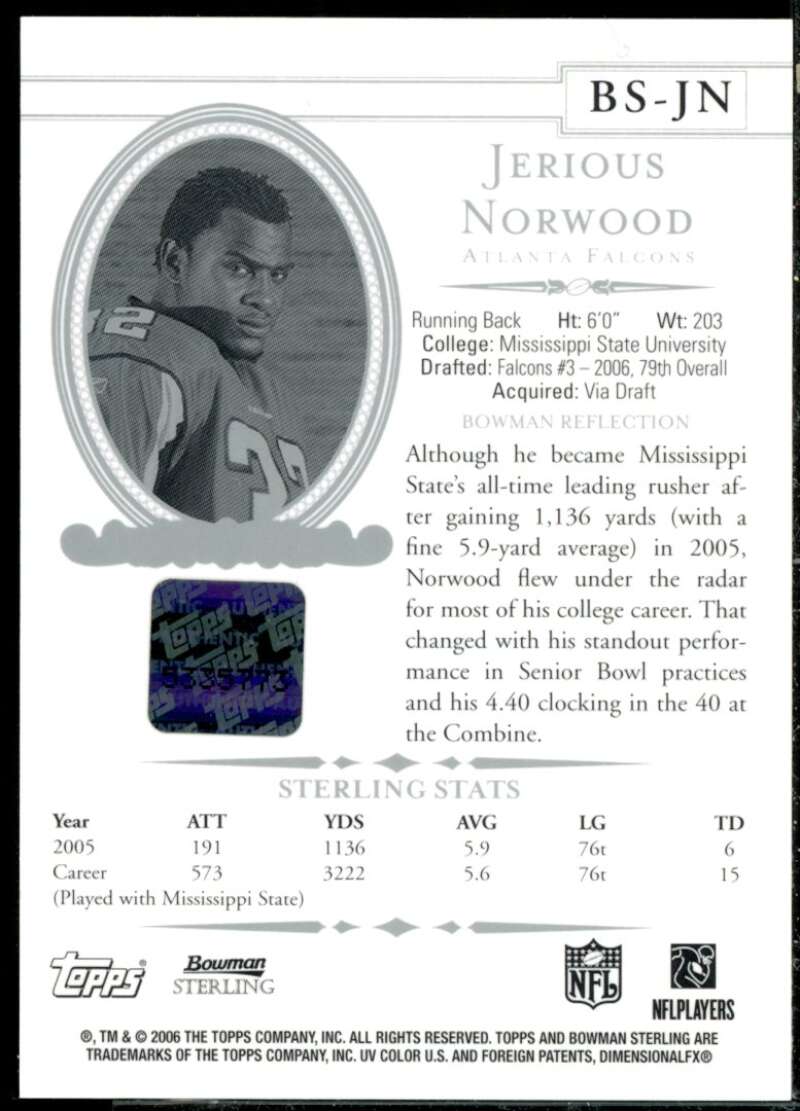 Jerious Norwood JSY AU Card 2006 Bowman Sterling #JN3  Image 2