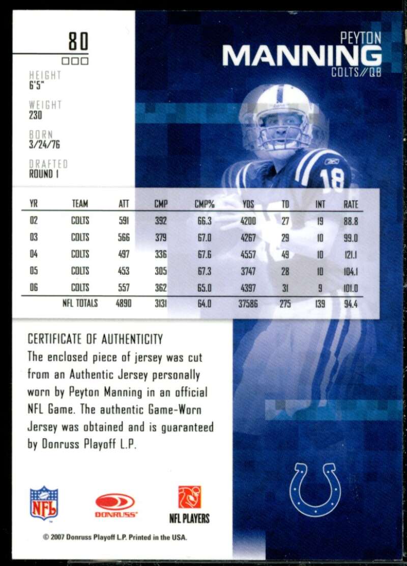 Peyton Manning Card 2007 Leaf Rookies and Stars Materials Gold Retail #80  Image 2