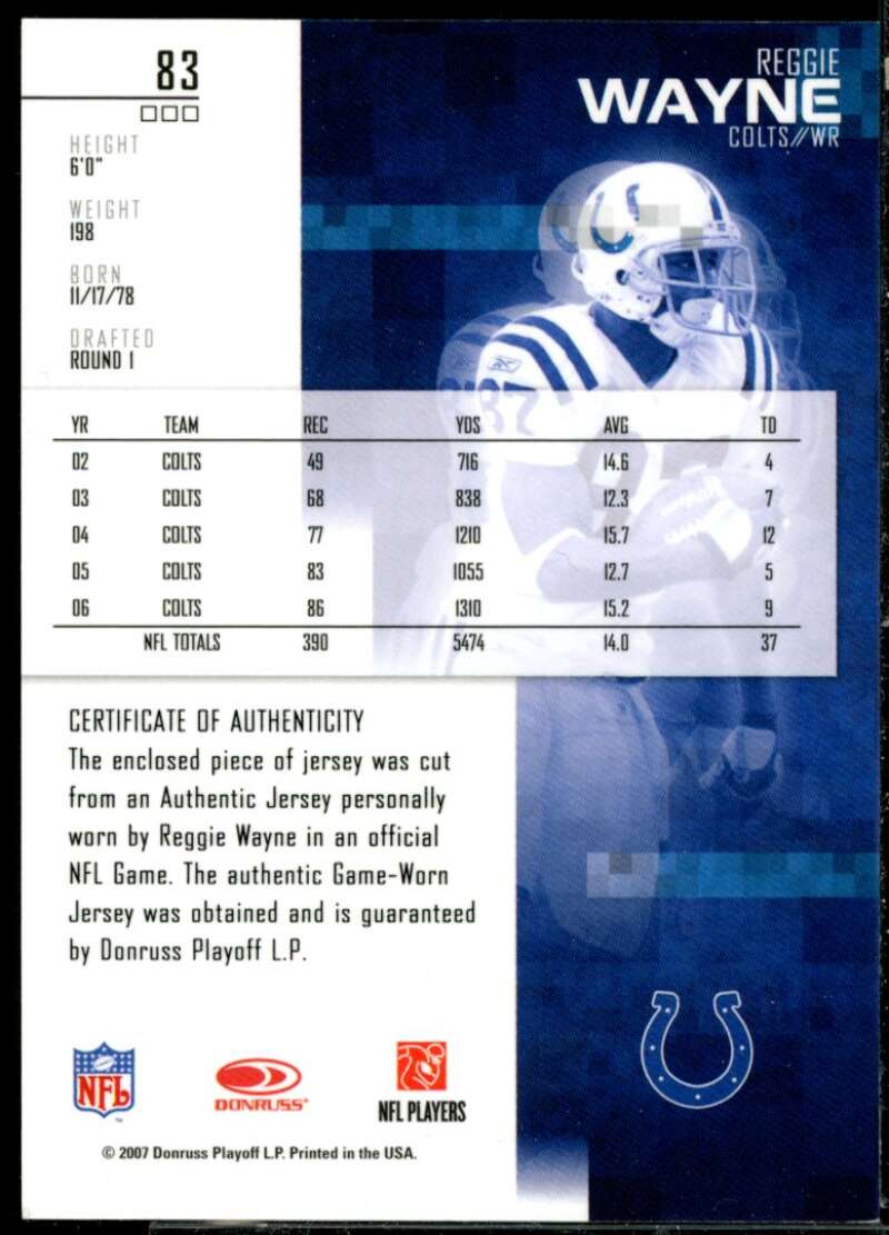 Reggie Wayne Card 2007 Leaf Rookies and Stars Materials Gold Retail #83  Image 2