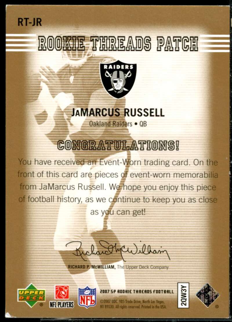 JaMarcus Russell Rookie 2007 SP Rookie Threads Rookie Threads Gold Patch #RTJR  Image 2