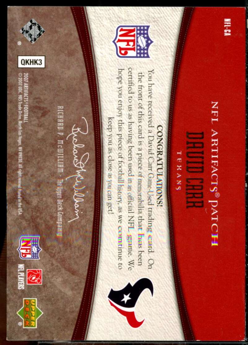 David Carr Card 2007 Artifacts NFL Artifacts Patch Red #NFLCA  Image 2