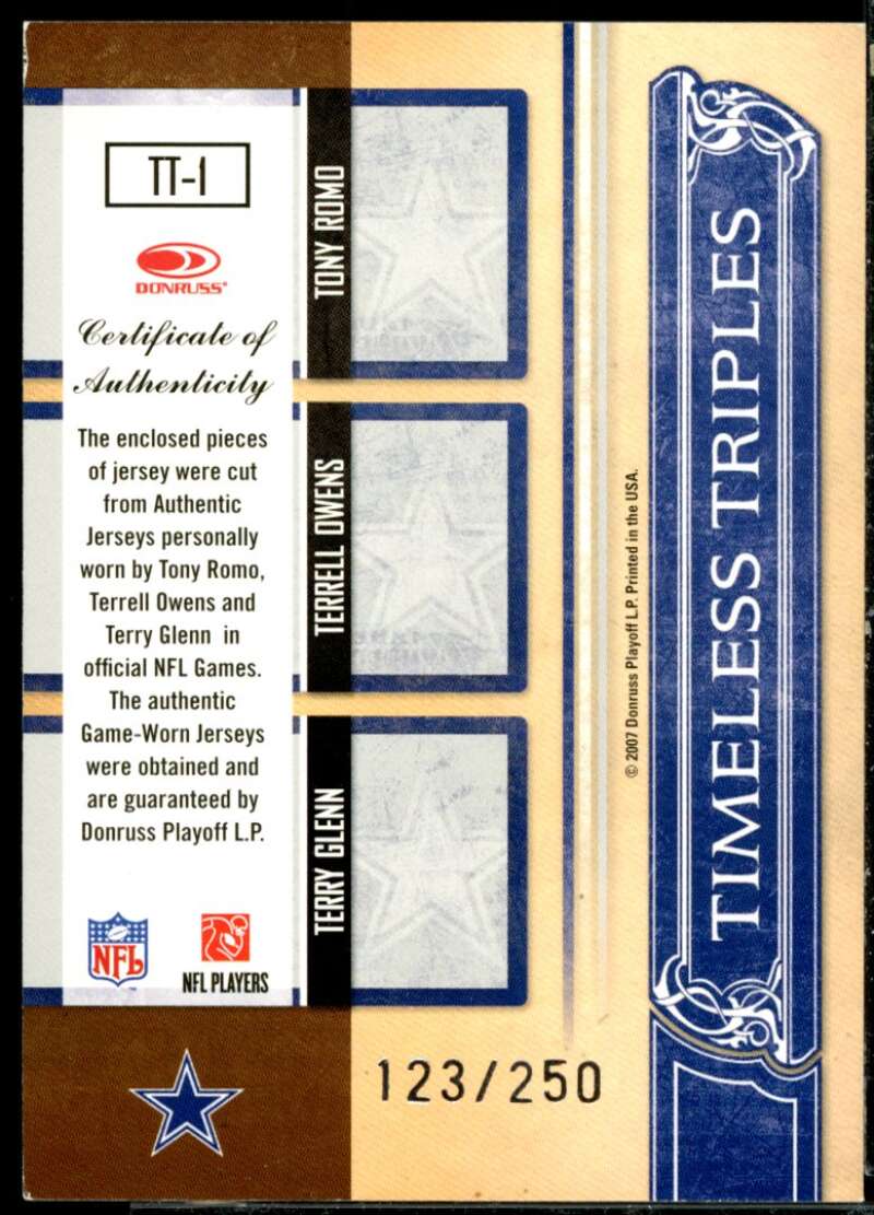 Owens/Tony Romo/Terry Glenn 2007 Donruss Classics Timeless Triples Jerseys #1  Image 2