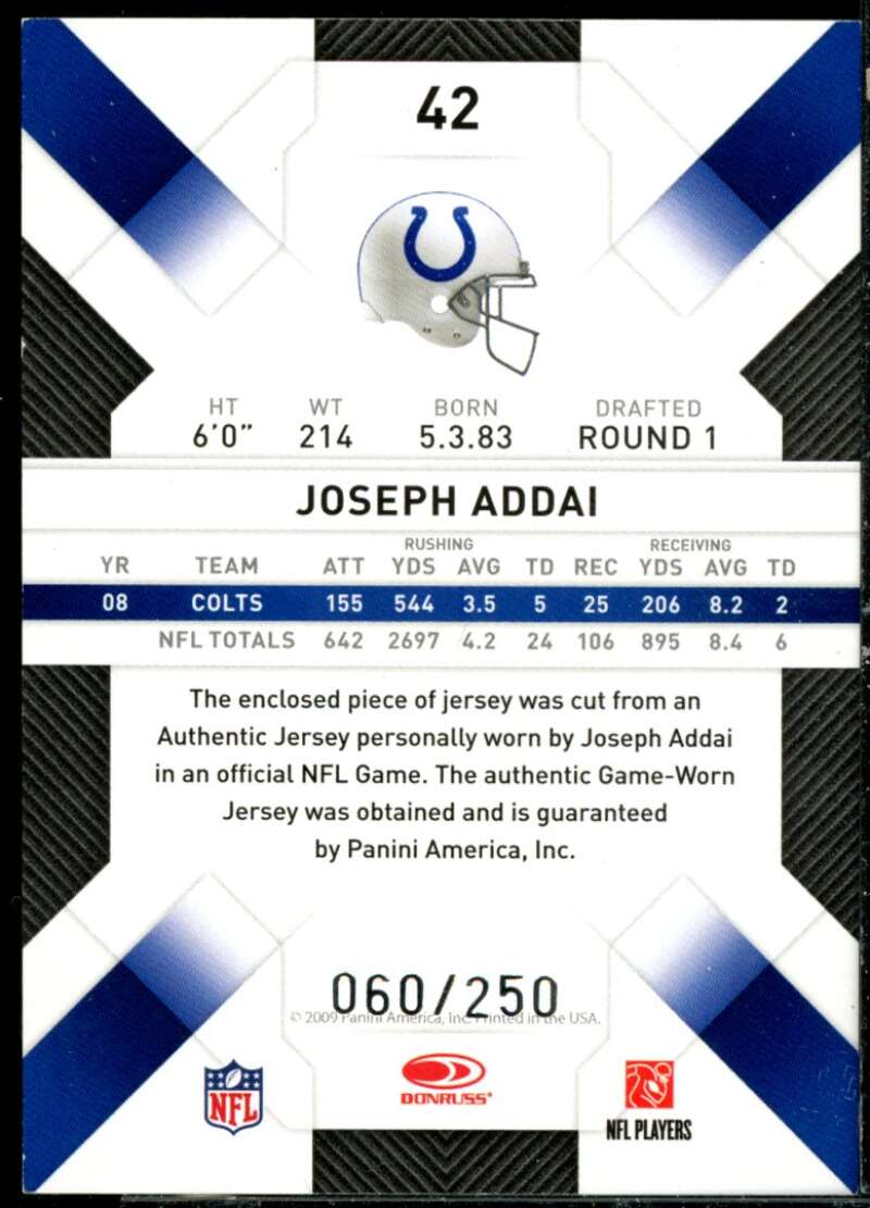 Joseph Addai Card 2009 Donruss Threads Jerseys #42  Image 2