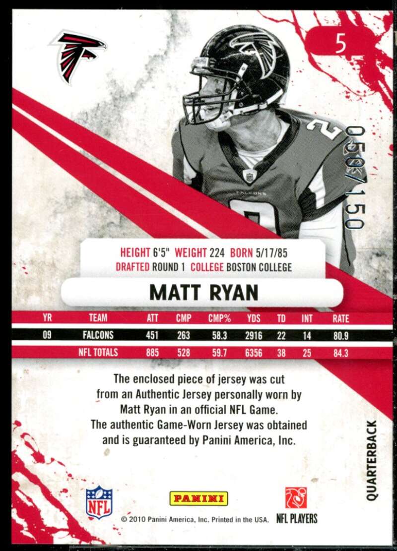 Matt Ryan Card 2010 Rookies and Stars Longevity Materials Ruby #5  Image 2