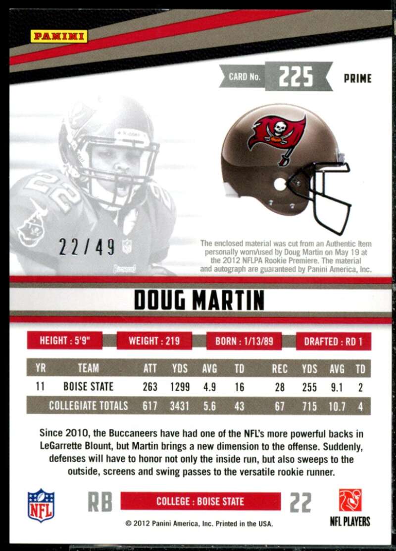 Doug Martin Rookie 2012 Rookies and Stars Rookie Materials Prime Autograph #225  Image 2