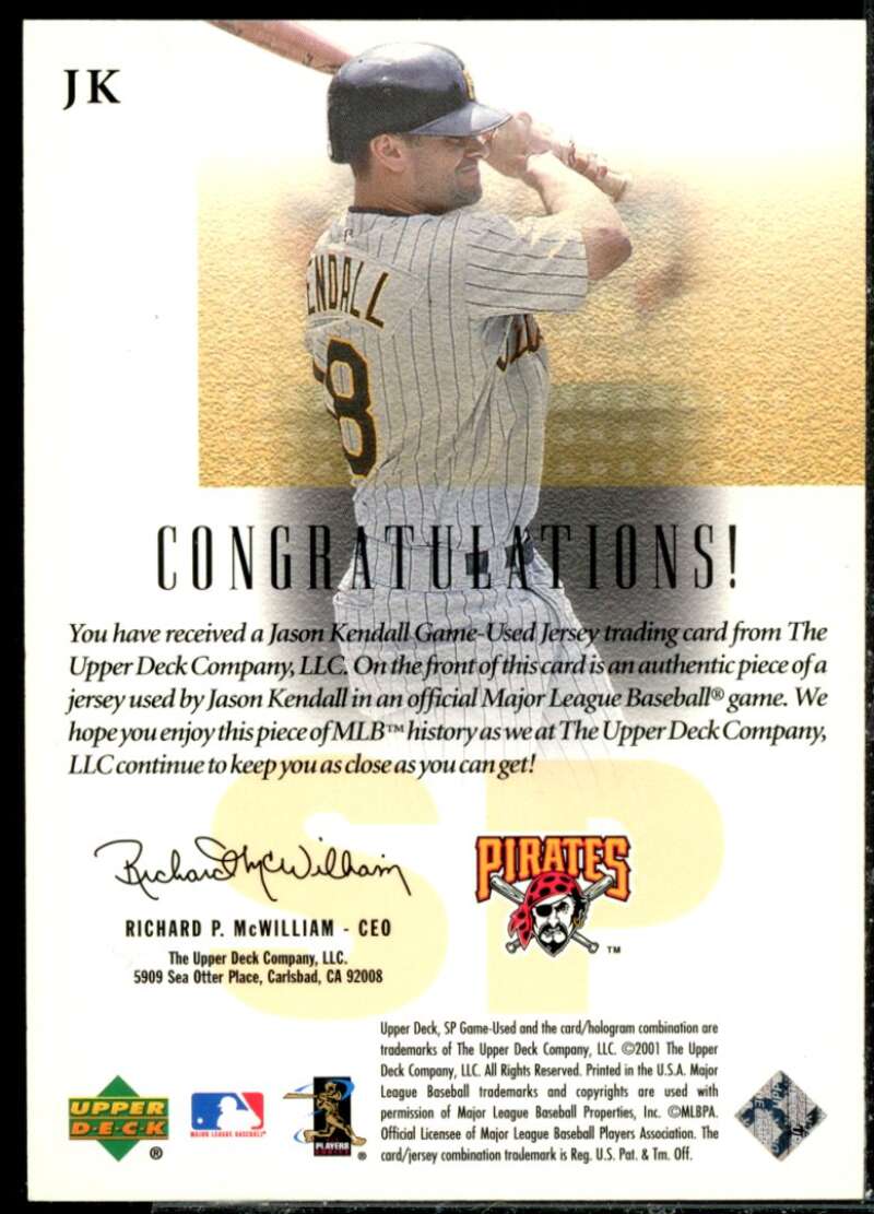 Jason Kendall Card 2001 SP Game Used Edition Authentic Fabric #JK  Image 2