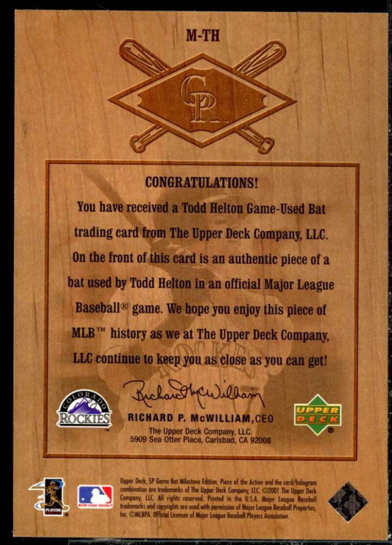 Todd Helton Card 2001 SP Game Bat Milestone Piece of Action Milestone #TH  Image 2