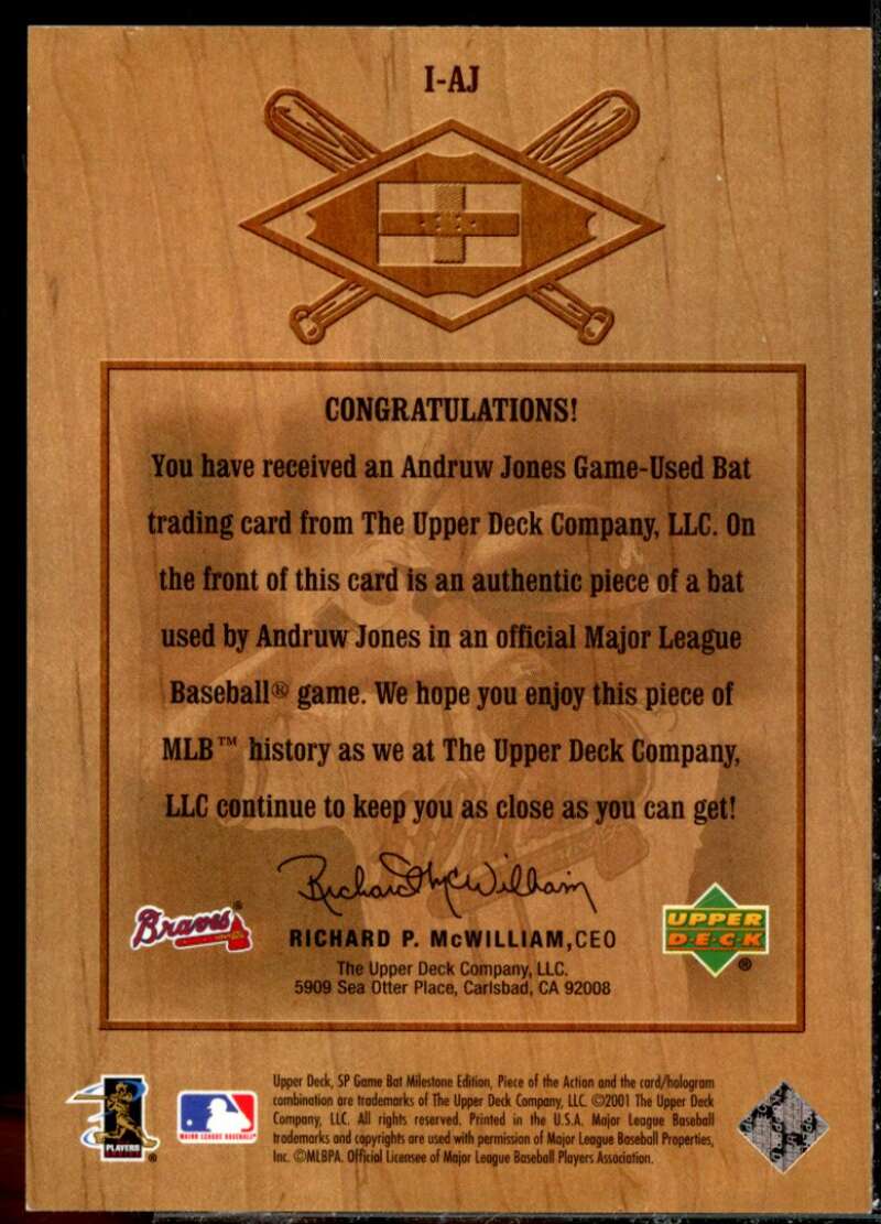Andruw Jones Card 2001 SP Game Bat Milestone Piece of Action International #IAJ  Image 2