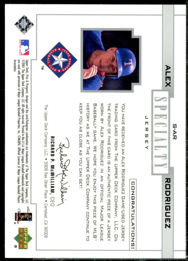 Alex Rodriguez 2001 Upper Deck Pros and Prospects Specialty Game Jersey #SAR  Image 2