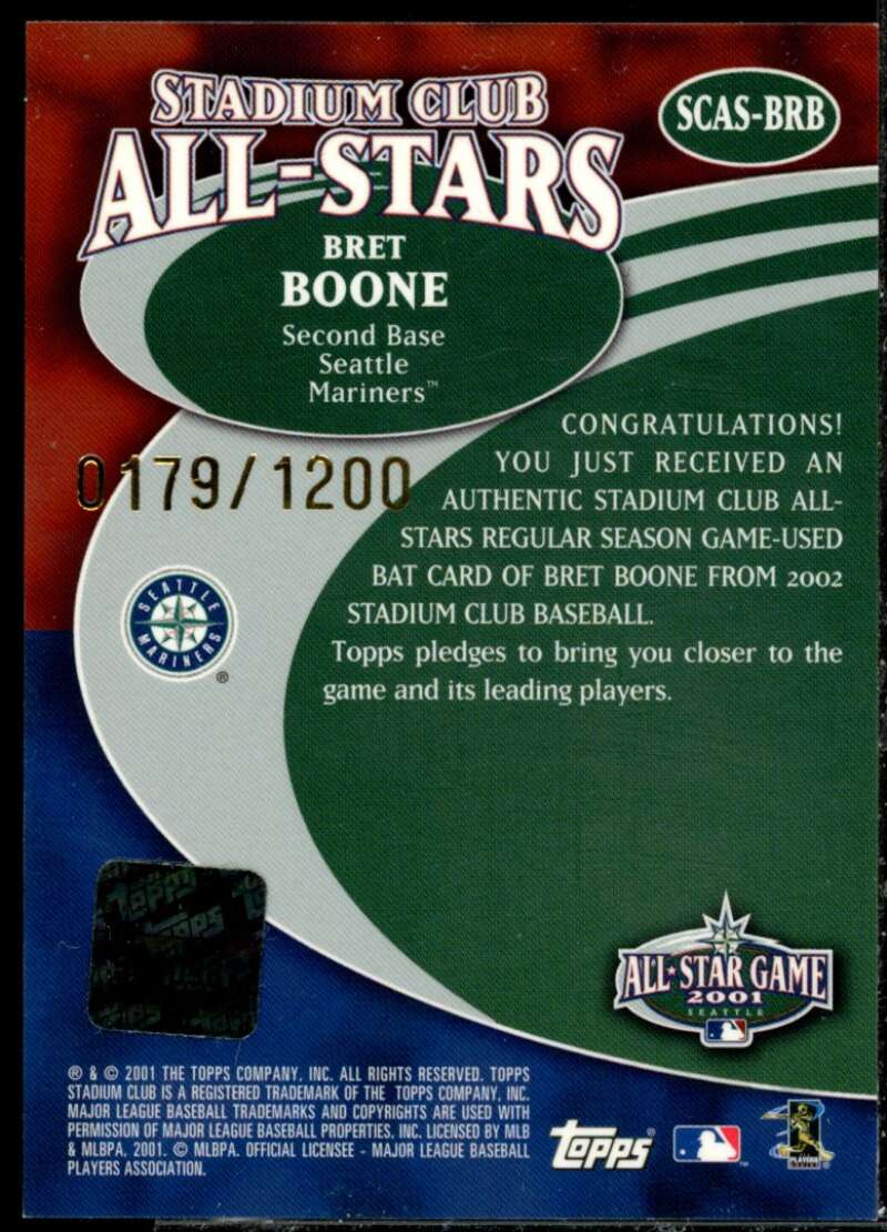 Bret Boone Bat Card 2002 Stadium Club All-Star Relics #SCASBRB  Image 2