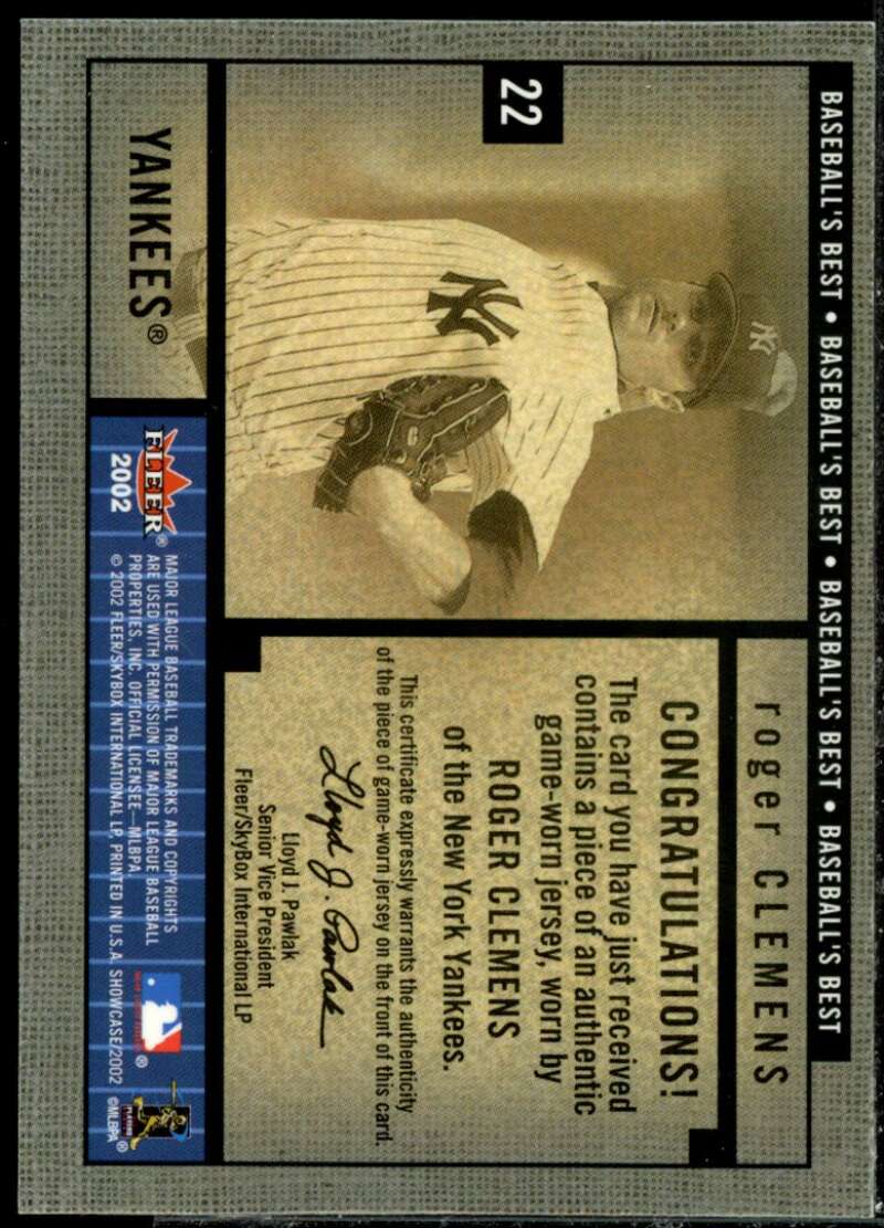 Roger Clemens Jsy Card 2002 Fleer Showcase Baseball's Best Memorabilia #9  Image 2