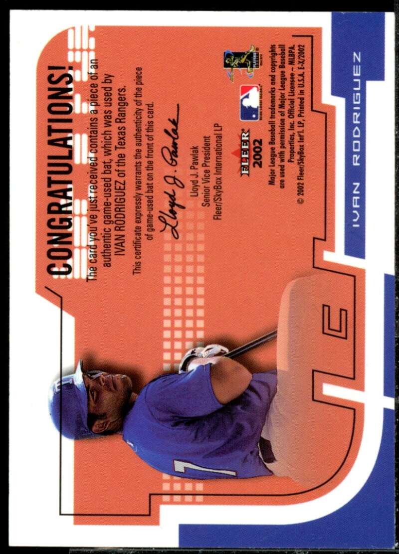 Ivan Rodriguez Card 2002 E-X Hit and Run Game Bat #15  Image 2
