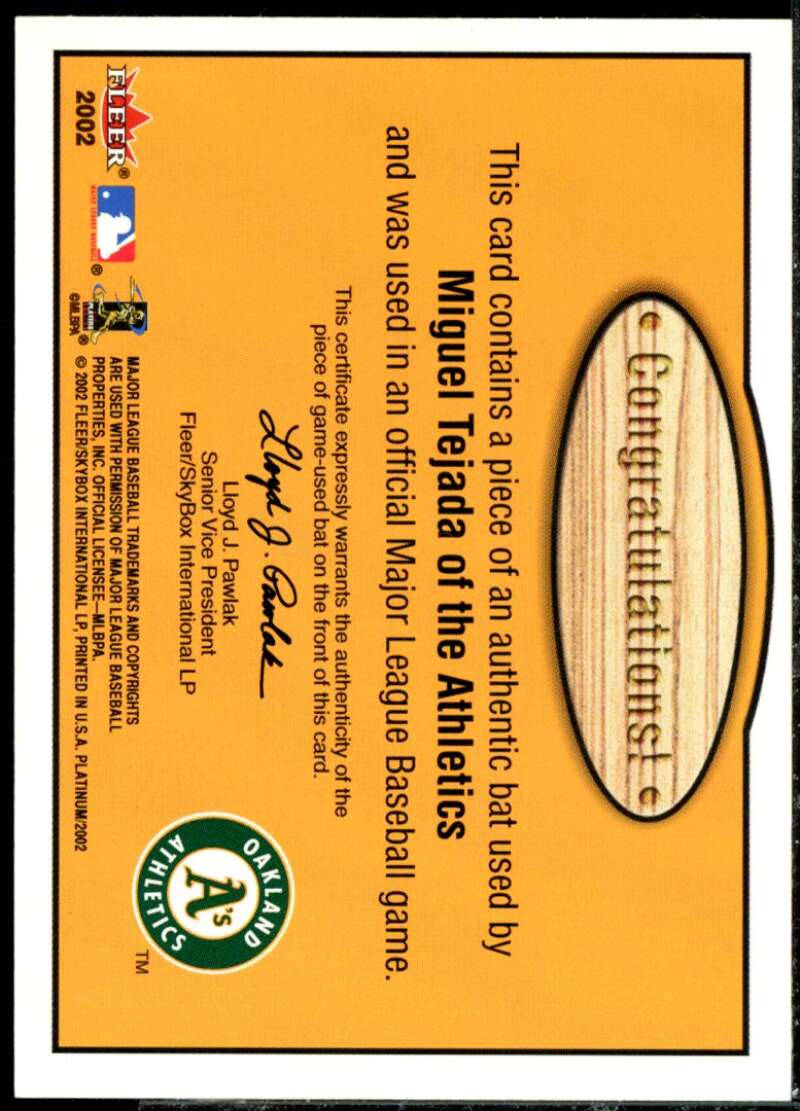 Miguel Tejada Card 2002 Fleer Platinum Fence Busters #19  Image 2