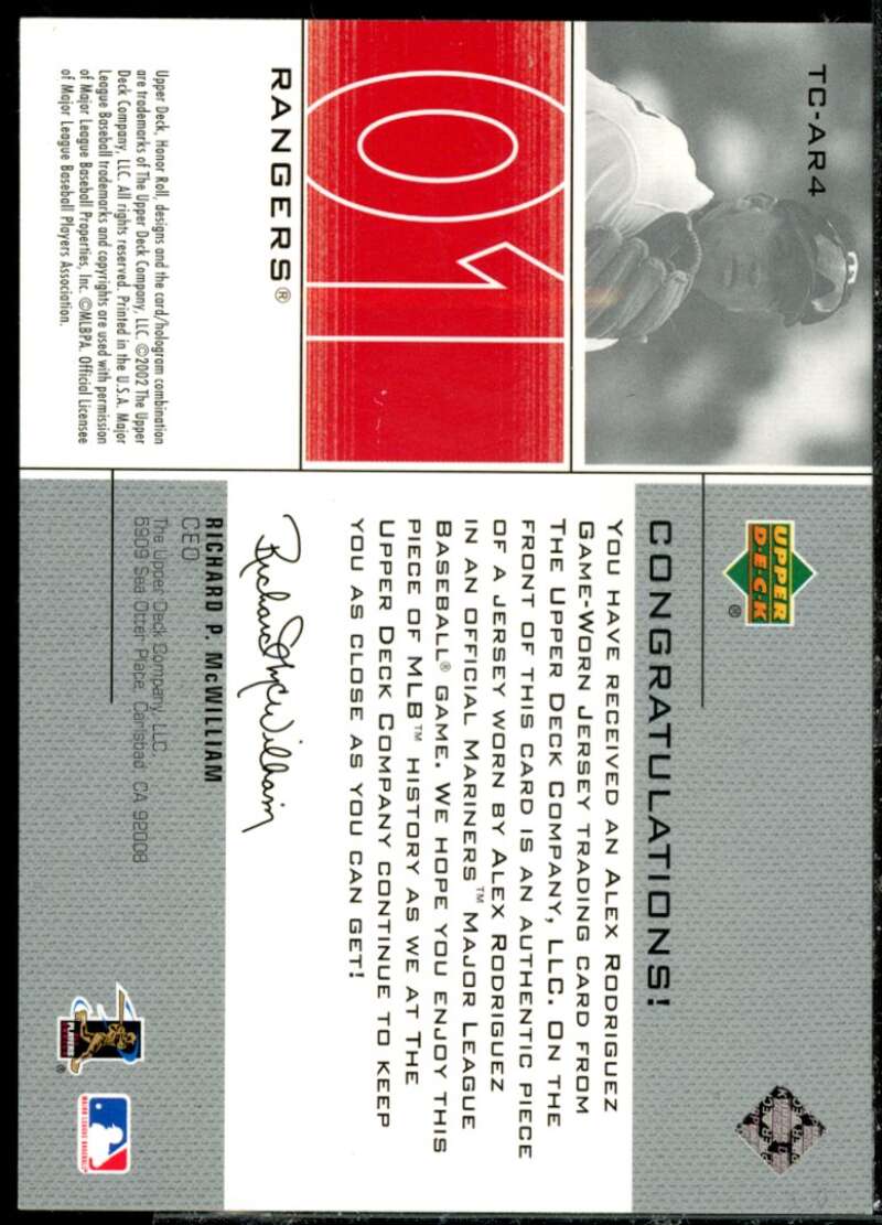 Alex Rodriguez 01 2002 Upper Deck Honor Roll Time Capsule Game Jersey #TCAR4  Image 2
