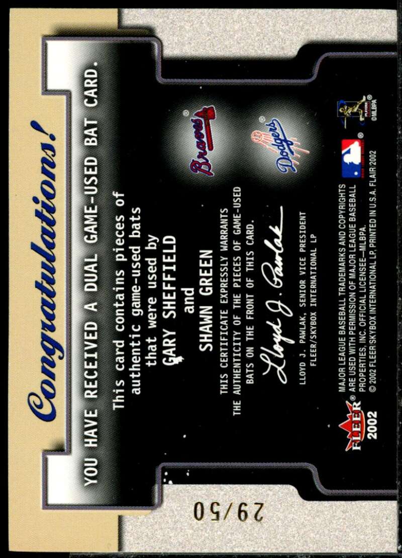 Gary Sheffield/Shawn Green Card 2002 Flair Power Tools Dual Bats Gold #9  Image 2