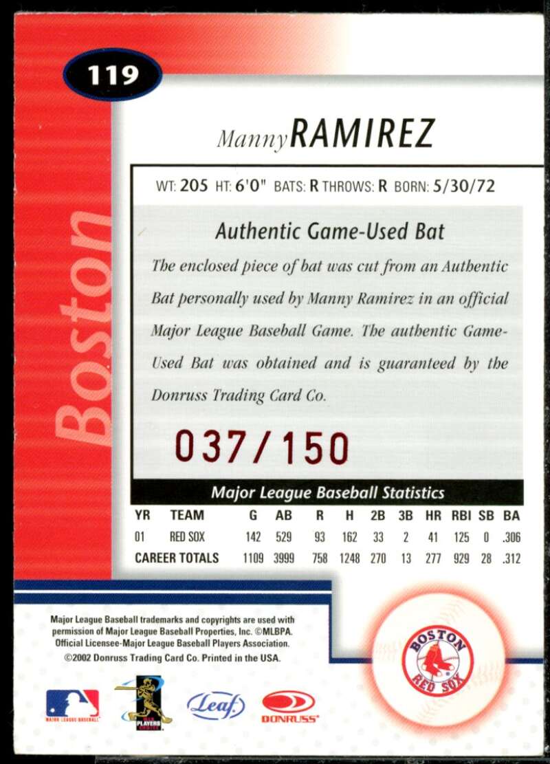 Manny Ramirez Bat Card 2002 Leaf Certified Mirror Red #119  Image 2