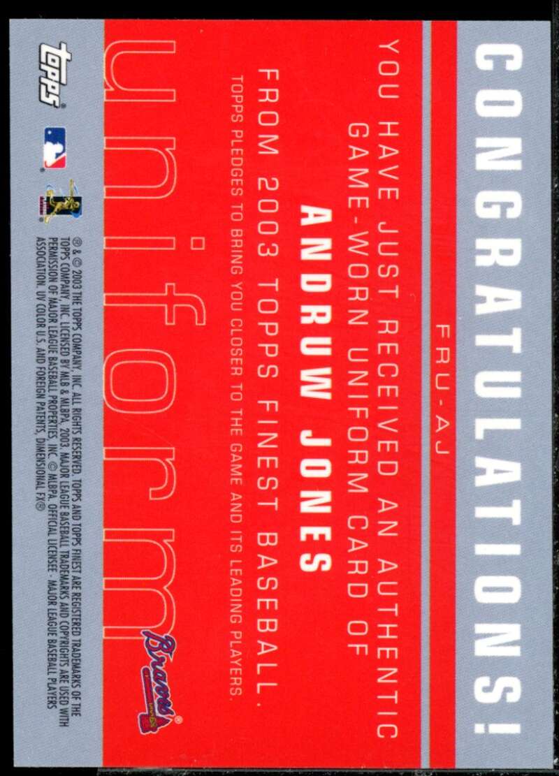 Andruw Jones Card 2003 Finest Uniform Relics #AJ  Image 2