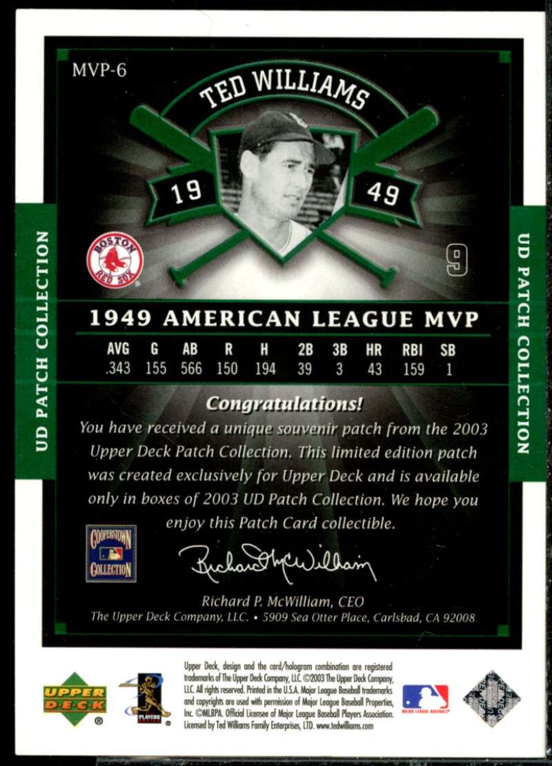 Ted Williams 49 MVP Card 2003 UD Patch Collection MVP's #MVP6  Image 2