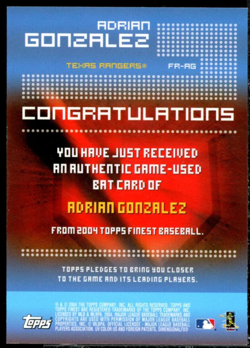 Adrian Gonzalez Bat Card 2004 Finest Relics #AG  Image 2