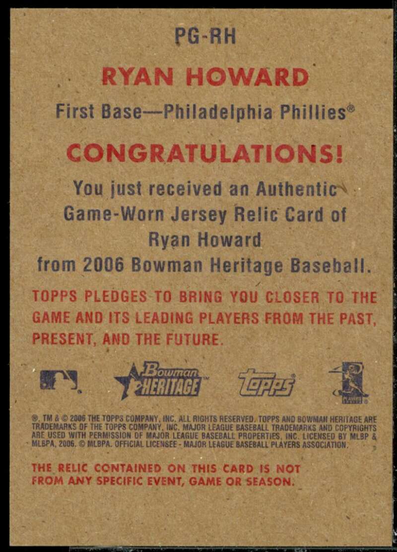 Ryan Howard Jsy Card 2006 Bowman Heritage Pieces of Greatness #RH  Image 2