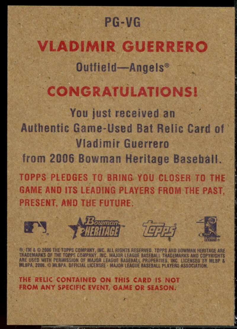 Vladimir Guerrero Bat Card 2006 Bowman Heritage Pieces of Greatness #VG  Image 2